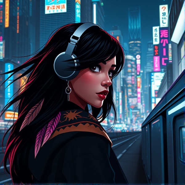 Create a 3D digital illustration featuring a Native American girl with flowing ebony hair, adorned in small tribal feather earrings. She's equipped with high-tech, conceptually designed headphones and sports a tribal-patterned hoodie (hood lowered) that hints at her heritage. As she glances back at us with a sultry, knowing gaze, desire in her eyes, she exits an underground subway station on the street level on the right side into an expansive, bustling night-time cityscape reminiscent of "Akira" or cyberpunk Tokyo. The metropolis should be filled with a myriad of vibrant neon Japanese holographic signs. At the top of this futuristic panorama, the words "ASTAUDIA PRODUCT" should be emblazoned in neon chrome using a retro-futuristic font.
