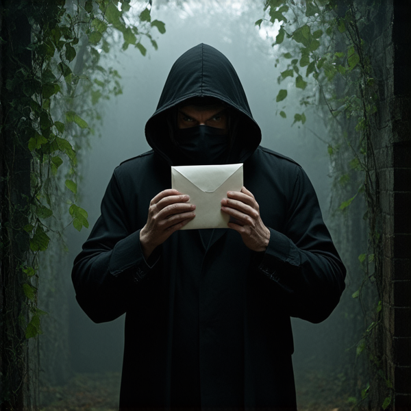 Un homme en tenue gothique noire avec une capuche sur la tête remet solennellement une enveloppe scellée à un autre homme vêtu de façon similaire, portant également une capuche et un masque intégral noir qui dissimule entièrement son visage, dans une atmosphère mystérieuse évoquant un rituel secret.