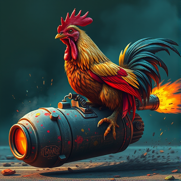 Angry chicken riding a guided bomb