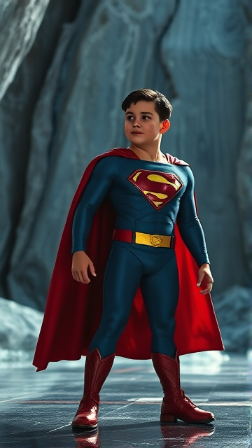 1990's Cinematic Movie Scene: Jon Kent, AKA Superboy, the young little 12-year old super son of Superman, and the first kid to be born as the world's first Half-Kryptonian child. Despite being a kid, he has all of his father's powers, with an extremely muscular body, the iconic costume, the singular curled bang sticking out at the front of his flat and smooth black hair, and a long cape. The young little Half-Kryptonian, Jon Kent, now Superboy, stands in his secret icy crystal lair in the Arctic, the Fortress Of Solitude, ready for action as he prepares to take flight for the first time so he can honor his deceased father's legacy and fulfill his destiny.