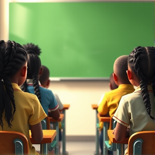 des filles noires de huit ans avec des tresses africaine et des garçons assis dans une classe face au tableau vert