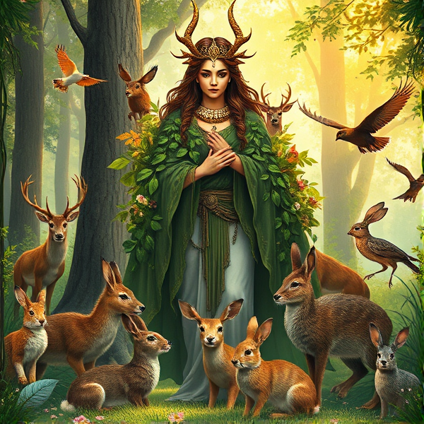 A serene female forest deity embodying the essence of wildlife, draped in a cloak of lush foliage and surrounded by an assembly of various majestic creatures like deer, rabbits, and birds in a sunlit glade