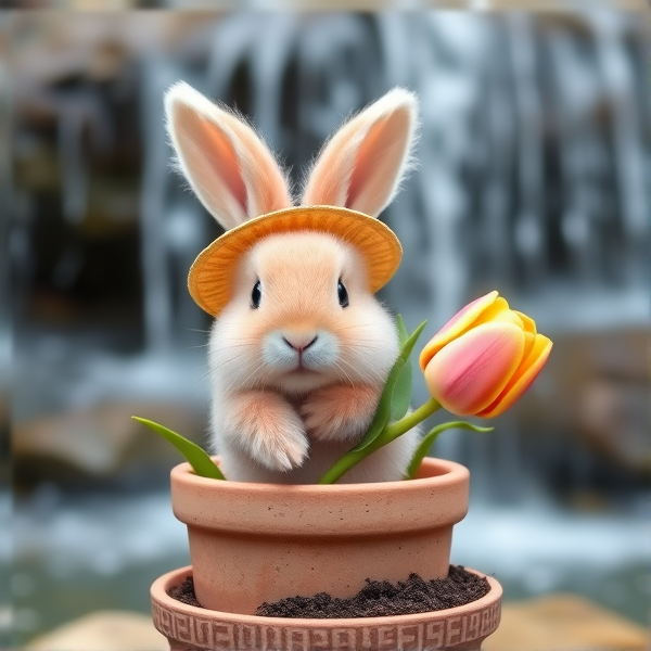 A cute mini pink fluffy hare with fluffy sagging  ears in a jupiter pot with soil and A Sunshine hat holding a tulip in front of a water fall in realism