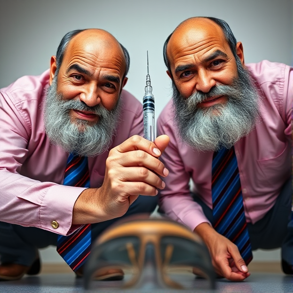 Deux hommes d'affaires marocains âgés, à la barbe fournie, sont accroupis en avec des cravates élégantes à rayures bleues et rouges. Ils fixent la caméra avec confiance, une expression sérieuse sur leur visage, tout en tenant fermement une seringue dirigée vers une tête non visible dans le cadre. La photographie est prise en contre-plongée pour mettre en évidence leur posture imposante. Leurs chemises sont d'une teinte rose  et ils affichent un sourire contraint qui trahit une certaine froideur.