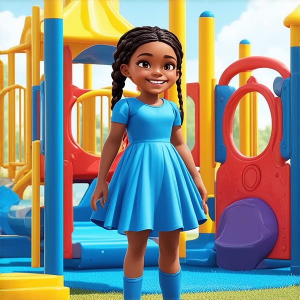 Jeune fille africaine de 8 ans, portant des tresses traditionnelles serrées et élaborées, vêtue d'une robe bleue, souriante et rayonnante de joie, debout au centre d'une cour de récréation ensoleillée avec des équipements de jeux colorés en arrière-plan