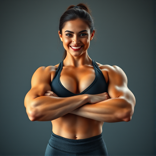 A toned and athletic 23 year-old female fitness model with strikingly well-defined forearms and prominent biceps stands confidently in a power pose, her arms crossed to accentuate her muscular build. Her physique exudes strength and dedication, highlighted by the intricate interplay of light and shadow across her defined muscles. Her stance radiates confidence, with her chin slightly raised in a display of proud achievement, embodying the peak of physical conditioning and powerful femininity. She wears stylish sportswear that complements her fit form while remaining practical for a workout session, allowing a clear view of her muscular definition. The background is subtle, ensuring all focus remains on her impressive figure and unwavering confidence.smiles,winking