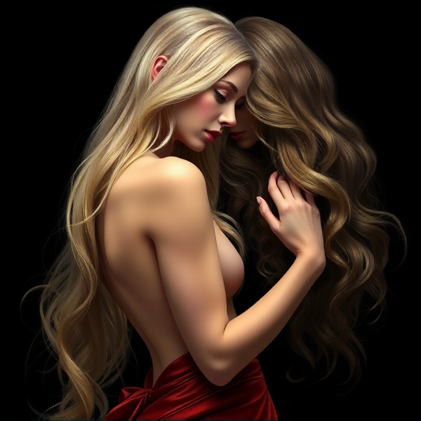 An intricately detailed scene featuring a woman with long, flowing blonde hair and elegantly curved figure in a romantic embrace with a sultry brunette whose locks cascade gently over her shoulders. Both are depicted with exquisite grace, their forms entwined in an intimate dance of love. The blonde's delicate features contrast with the brunette's more striking countenance, creating a harmonious balance of light and shadow, softness and intensity within the composition. Each curve and contour is rendered with care to evoke the passion and connection shared between them