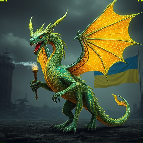 An exquisitely crafted wyvern, sleek and aerodynamic, with a pair of majestic wings adorning either side of its sinewy frame. Its scales are a marvel of complexity, akin to miniature circuit boards with interwoven lines that pulsate with an artificial glow, simulating the rhythmic beat of life. Plumes of digital smoke waft from its nostrils in sync with the deep, vibrating growls that reveal razor-sharp fangs aglow with electrical energy. Clutched in its clawed hand is a Caduceus staff, symbolizing healing and commerce. To honor cultural heritage and solidarity, elements reflective of the Ukrainian flag's blue and yellow hues are weaved into the creature's design. The wyvern stands dominant against a backdrop of stark ruin and decay characteristic of a world after collapse; in the distance unfurls the Ukrainian flag—halved horizontally, celestial blue atop vibrant yellow.