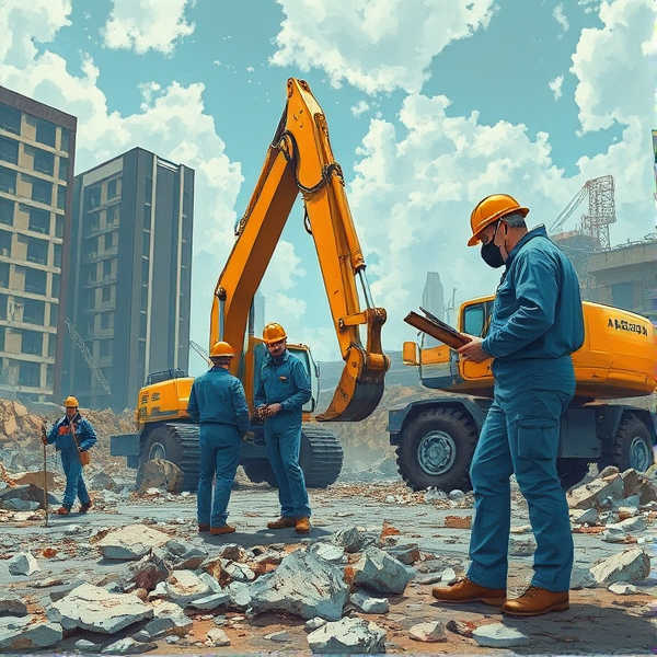 and Asbestos assessor on a demolition site taking samples from Asbestos pieces on the ground large machinery is on site with workers and suits and mask.
