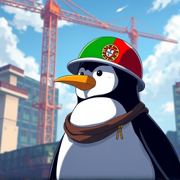 Pingouin dans un chantier avec le drapeau Portugais sur le casques