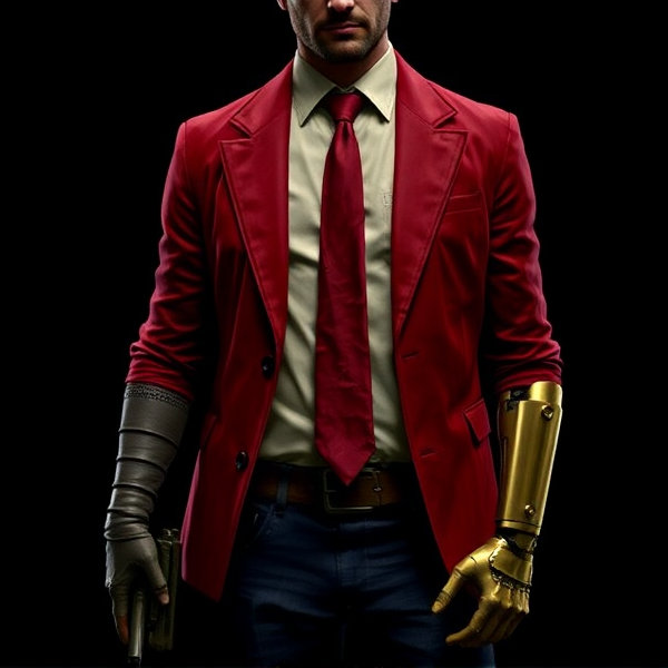 John Marston: the skin of his right arm was now a dark reddish-grey and his cybernetic left arm was now gold. It seems his arms weren’t the only thing that changed, he saw his suit had gotten a complete replacement, by all means it was still his suit (Kevlar and all) but the jacket was red, along with his jeans (although his jeans were a darker shade) and shoes, his belt and shirt were brimstone black, his tie was still red