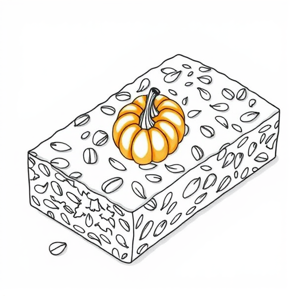 One Granola bar. Outline only. No colours just black and white for colouring in. It has oats, some seeds, small outline only of a halloween pumpkins in it with no colours also. Everything should be black and white. Just the outline for a colouring book. The pumpkins should be coloured and they are small scattered all over the Granola bars