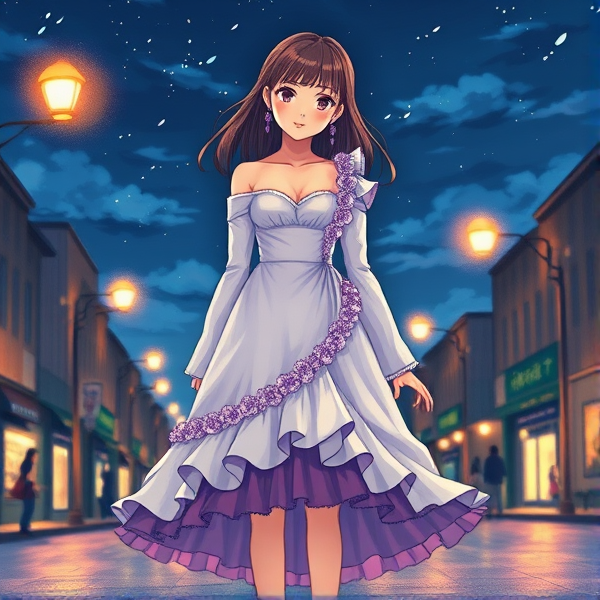 An outfit that has a one-shoulder white dress, with lavender details and frills. It had long white sleeves reaching the wrists, and the bottom half of the dress was layered with purple underskirts. The dress had a sweetheart neckline, adding a touch of elegance to the overall look