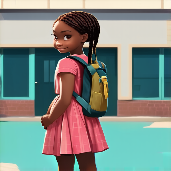 jolie petite fille noire de 8ans en robe avec des tresses africaines avec un sac à dos devant l'école