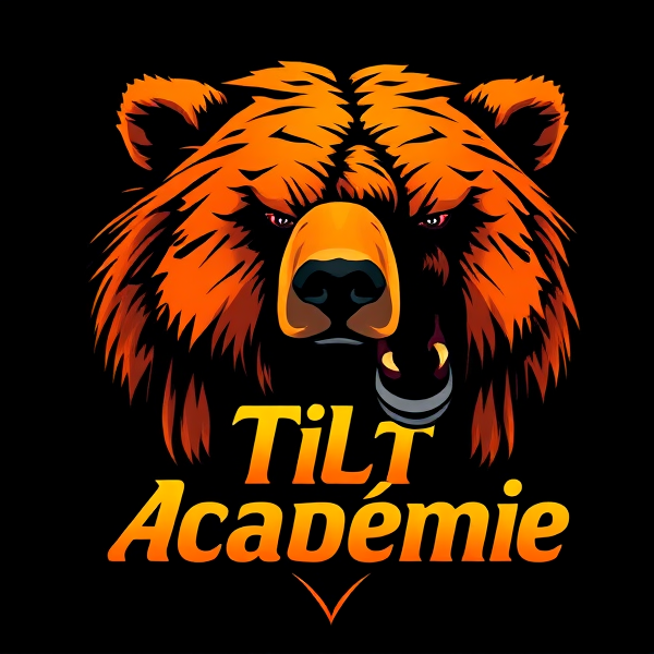 Conception d'un logo avec un grizzly majestueux aux couleurs vives orange et noir, hautement détaillé et de style artistique. Intégrer les mots 'Tilt Académie' en caractères distinctifs et harmonieusement intégrés au design global du logo