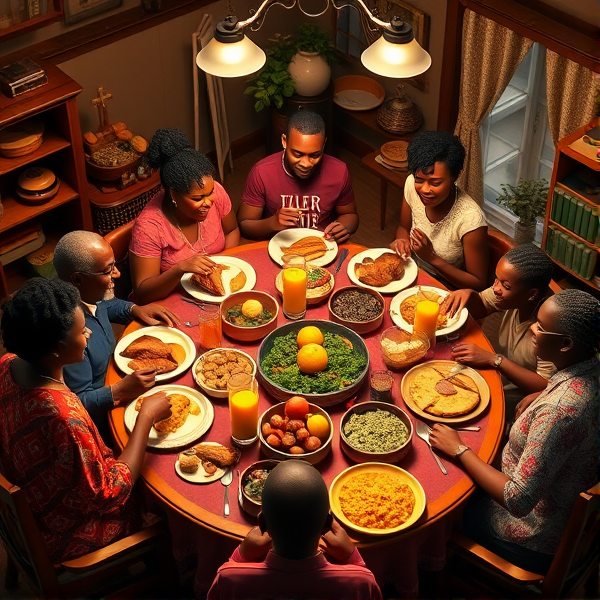 A lively African American big family gathering around a richly adorned dinner table, sharing a traditional soul food meal with dishes such as fried chicken, collard greens, macaroni and cheese, cornbread, and sweet potato pie, all set in a warm and inviting dining room filled with laughter and storytelling