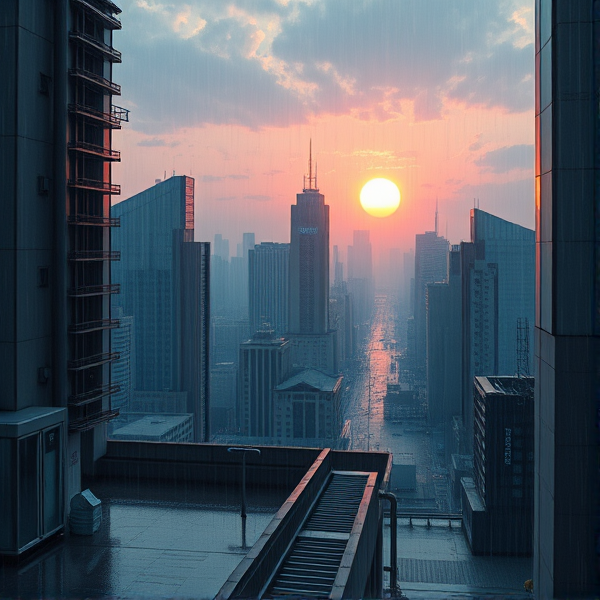 Rain in the city with the sun shining a little bit