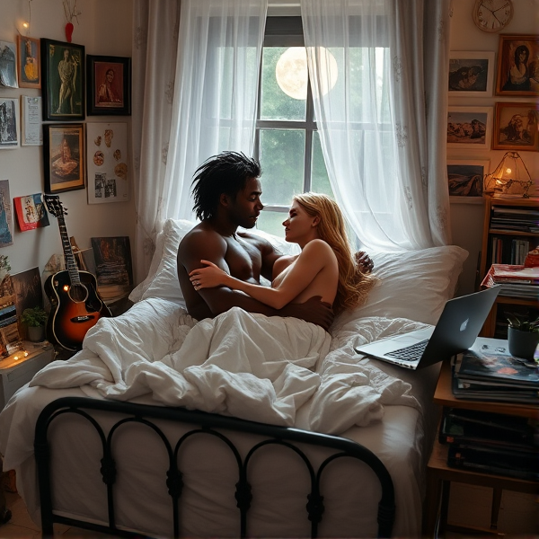 An ethereal moonlight spills into a snug college dormitory, its silvery essence filtering through the delicate gossamer curtains adorned with subtle floral patterns to bathe the room in a tranquil luminescence. The soft glow creates dancing shadows upon the walls that are lined with an eclectic mix of art - from vintage band posters to framed Renaissance prints, reflecting the inhabitant's diverse tastes. In the tender embrace of this serene radiance, two figures are entwined on a bed that rests upon an ornate wrought iron frame, their nude forms laying down, barely covered under a chaos of crumpled white sheets and plush pillows that tell of their fervent lovemaking. The black male, with his black hair tousled and chocolate skin shining with the remnants of ardor, embodies the quintessential Greek Adonis—his muscular physique both powerful and graceful, marbled with subtle veins like ancient statues. His arm securely enfolds his partner in a gentle yet protective gesture, highlighting his well-defined biceps and the strength of his form.

Adjacent to him is his female companion, equally striking with an athletic frame that speaks volumes of her vigor. Her blonde hair cascades around her like liquid gold, shimmering under the moon's kiss as it falls over her shoulders and frames her face which is aglow with post-love warmth. She epitomizes both untamed beauty and delicate grace akin to Venus, goddess of love. Their gazes interlock with a burning intensity that communicates more than words—a testament to their unquenched desire for each other. This air of palpable attraction envelops them as they revel in each other's presence under the vigilant gaze of the nocturnal heavens.

Surrounded by college memorabilia—a collage of posters featuring everything from abstract expressionist art to indie rock bands, an array of books ranging from classic literature to modern psychology stacked haphazardly on shelves, an open laptop resting on a desk cluttered with scattered notes and academic paraphernalia—the intimacy and raw emotion contained within these walls capture love's indomitable spirit. Amidst this hodgepodge lies personal touches: a guitar propped against one corner beside vinyl records strewn about in artistic disarray; fairy lights strung along one wall adding whimsy; potted succulents dotting windowsills providing life and greenery; all cocooning these lovers in their own world away from reality’s grasp. It’s as if time itself has stood still to cherish this visceral snapshot of passion between two souls ensnared in love’s rapturous waltz