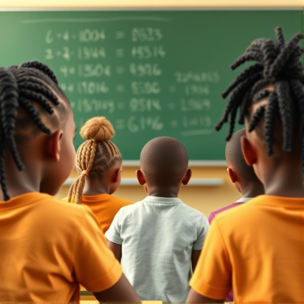 des filles noires de huit ans avec des tresses africaine et des garçons assis dans une classe face au tableau vert sur lequel il y a des calculs mathématiques