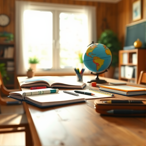 table en bois éclairée par la lumière naturelle de la fenêtre, couverte de fournitures scolaires comme des cahiers ouverts, des stylos, des crayons, une trousse et un globe terrestre  .