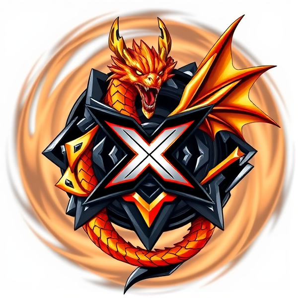 Beyblade x logo intricately intertwined with a fierce, dynamic orange and black dragon, scales glistening with metallic sheen, wings unfurled in a powerful stance, its tail artistically curling around the X enhancing the emblematic design, eyes glowing with an intense ember-like fire against a backdrop of swirling battle energy