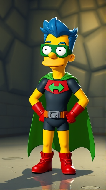 Milhouse Van Houten from The Simpsons, with his yellow skin, really big round nose, and blue hair that's slicked back and curled up at the top, but as a tall, 18-year old teenager, dressed as a parody of Robin, The Boy Wonder, with an extremely muscular torso and arms, a dark green bodysuit with a red torso adorned with a green H symbol on his chest, a grey utility belt, red boots, red long-cuffed gloves, a big, heel-length long, ultra-wide green cape, and a green eye mask with optical lenses in it, now known as Houseboy, The Nerd Wonder, the other half of Springfield's Dynamic Duo, and one of the greatest vigilante superheroes ever known in Springfield. He is currently standing in his secret high-tech underground lair, ready for action.