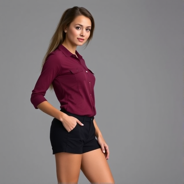 Skinny woman wearing a maroon shirt, black shorts