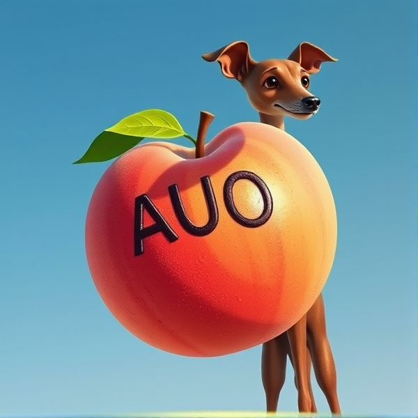 A luscious, oversized peach covered in barely noticeable peach fuzz with the letters "AUO" branded vividly on its sun-kissed, velvety skin. Beside it stands an elegant brown Italian greyhound with a glossy coat and refined posture, ears perked attentively. Both are set against a vibrant clear blue sky backdrop, accentuated by the gentle radiance of the afternoon sun