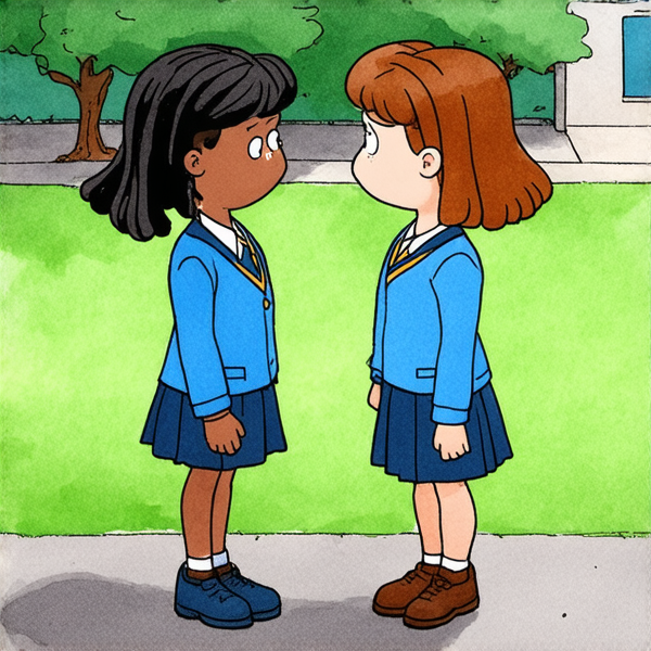 deux jeunes filles de huit ans portant des tresses africaines noires et des uniformes scolaires se tenant face à face dans une cour d'école, les yeux humides de larmes et l'air bouleversé alors qu'elles sont en pleine dispute