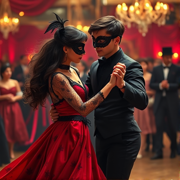 Fille 16 ans Cheveux noir longs cheveux entre boucles et ondulés et garçon 16 ans 
Cheveux court lisses noirs entrain de danser ensemble à un bal masquée style réaliste avec des masques qui cachent que les yeux. Le garçon a les cheveux longs  et l’image est droite avec pleins de gens autour qui dansent également  les masques sont noir en dentelle et elle a une longue robe rouge et les masque cachent que le tour des yeux ils n’ont pas de masque sur la bouche et le garçon a une allure muscler