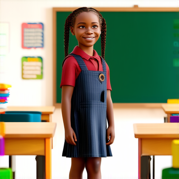 jeune fille noire de 10 ans, vêtue d'un uniforme scolaire des tresses africaines, debout souriante et concentrée devant un tableau noir rempli de regles d'orthographe en français  dans une salle de classe ensoleillée et colorée avec des bureaux en bois et des affiches éducatives sur les murs