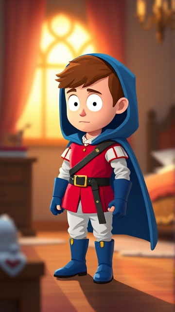 Clyde Donovan from South Park, light skin and brown hair, but as a 14-Year Old, dressed as a medieval prince with a red shirt with white sleeves, a black belt with a gold buckle, white pants, blue boots, blue long-cuffed gloves, and wreathed in a big blue hooded cape, now known as Prince Donovan. Despite still being a kid, he is the Youngest Ruler of South Park, Colorado, but now reborn as the real life Kingdom of Kupa Keep, Zaron, and Prince Donovan is its youngest and greatest hero. The young teenage prince of Kupa Keep is currently standing in his bedroom in his new home of Kupa Keep Castle, preparing to set out for adventure.