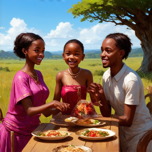 Famille nombreuse souriante réunie autour d'une table rustique en bois garnie de plats traditionnels africains, sous un ciel bleu dans un cadre champêtre avec des arbres et une végétation luxuriante, portant des vêtements africains colorés et variés, échangeant des rires et des conversations chaleureuses
