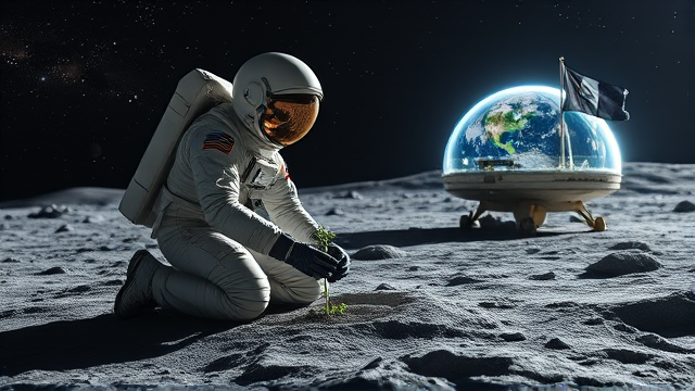 Un astronaute méticuleux revêtu d'une combinaison spatiale ornée de détails ultraréalistes se tient agenouillé avec une posture précise sur le sol gris et finement texturé de la lune, éclairé par un ciel nocturne profond constellé d'étoiles scintillantes aux multiples nuances. Il arbore un casque hautement réfléchissant qui capte les lueurs environnantes et des gants renforcés munis de systèmes de contrôle tactile. Concentré, il procède avec soin à planter des graines de pavot dans les sols riches en nutriments du dôme biodôme lunaire transparent, où se déploie un réseau complexe de systèmes hydroponiques avancés accompagnés d'un éclairage artificiel spectre complet, conçu spécifiquement pour simuler les conditions idéales de croissance en milieu extraterrestre. En arrière-plan, se détache un module d'atterrissage spatial aux lignes nettes portant fièrement le logo du Québec, contrastant avec le paysage lunaire. La Terre apparaît majestueuse et riche en couleurs au-dessus de l'horizon lunaire, offrant une vue imprenable depuis cette colonie scientifique. Aux alentours immédiats du site d'expérimentation agricole spatiale sont dispersés des instruments scientifiques divers et ultra-précis utilisés pour mener à bien cette culture pionnière. Le drapeau Manchester City onde doucement sur le module, symbolisant la présence de soccer dans ce nouveau Manchester city