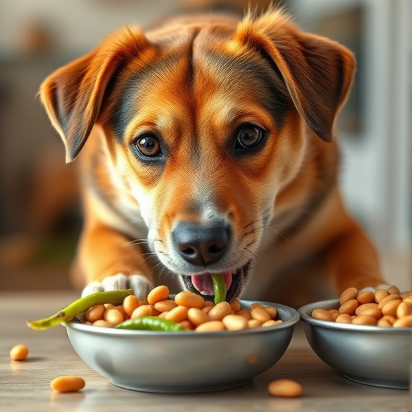 A dog eating beans