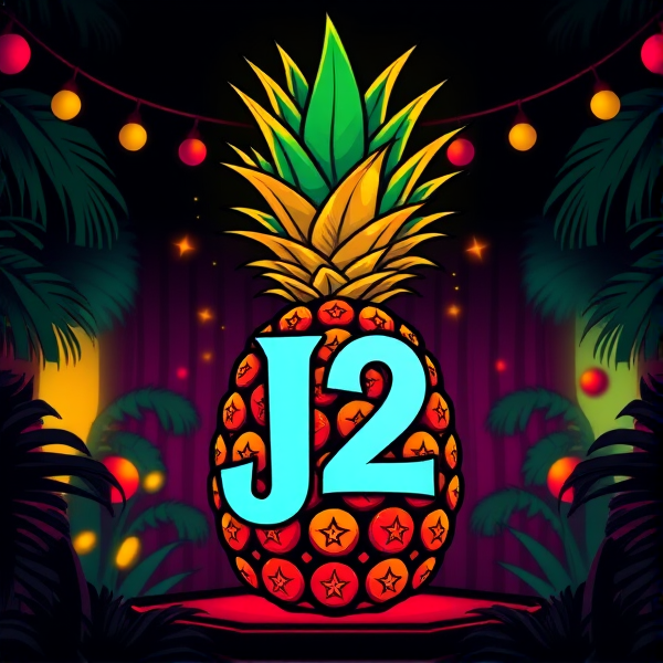 Conception d'un logo somptueux avec un ananas stylisé et exotique au cœur d'une ambiance festive, intégrant les initiales "J2" de manière créative et visible.