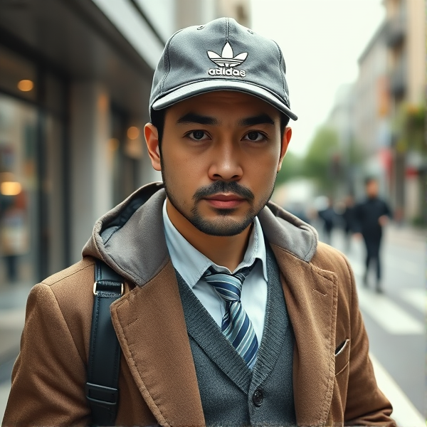 Homme d affaires japonais agé  accroupis avec une casquette adidas  et trois lignes sur la visiere de la casquette  , une longue cravate rayée,  avec un regard furieux  , victorieux