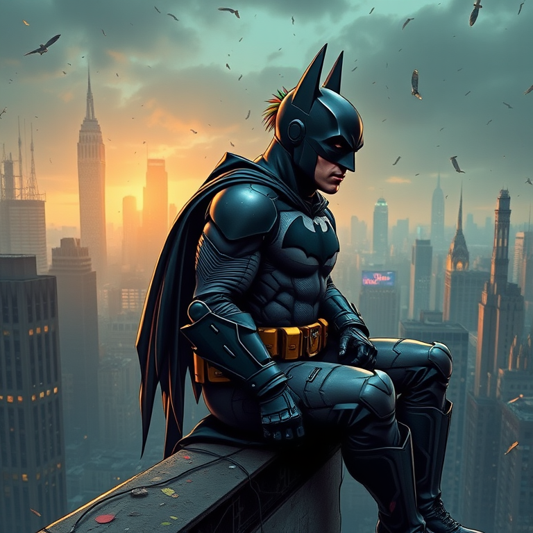 Batman en armure tactique, assis sur le rebord d'un toit de Gotham, regardant intensément l'horizon de la ville avec une expression concentrée et déterminée, réfléchissant stratégiquement à ses prochaines confrontations contre le Joker, l'Épouvantail et le Pingouin dans un style bande dessinée réaliste