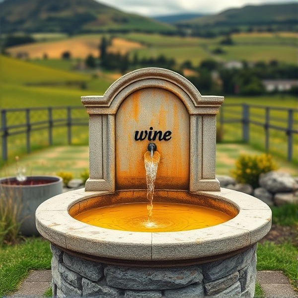 A drinking fountain that disperses wine instead of water. The fountain is made out of limestone and is located in the middle of the rolling hills of North Canterbury, specifically Greystone vineyard. Make the wine yellow coloured and the image from a distance. Make it say on the fountain “wine”