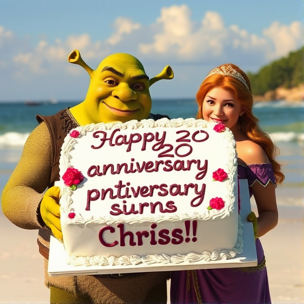 Shrek and Fiona hold a large wedding cake that says "Happy 20th anniversary Chris!" While at the beach