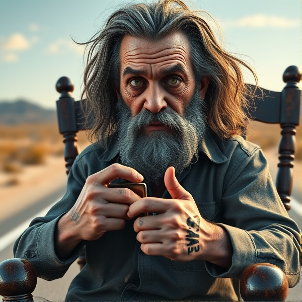 Create a highly detailed 3D rendering of an aged Chicago blues singer with long, unkempt gray hair and a thick beard, muscles. Torn clothes like he has been in a fight. Sitting on a rocking chair in the middle of a desert highway. hold a harmonica.
Tattoo on face like Mike Tyson.
Tattoo letters on each finger that spells the 'Blues'