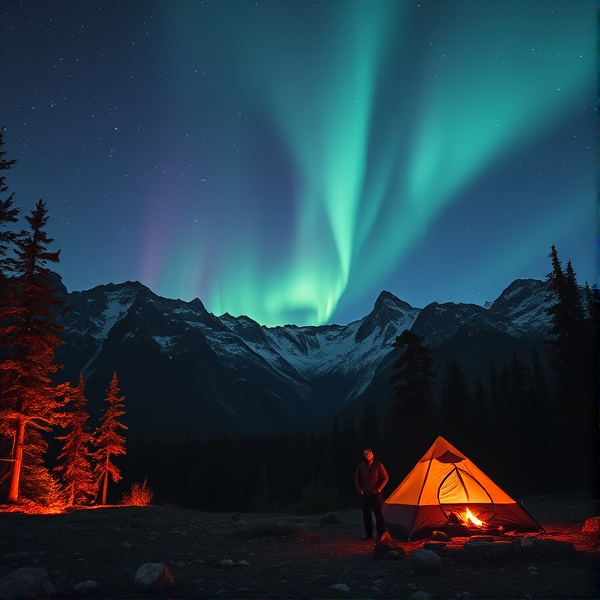 A man camping far away in aurora with mountains and trees with fire