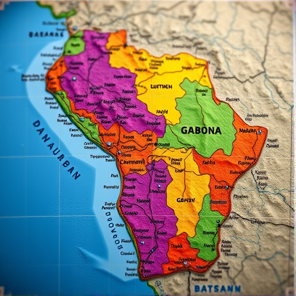 Carte détaillée et colorée du Gabon avec villes, frontières, cours d'eau et reliefs visibles