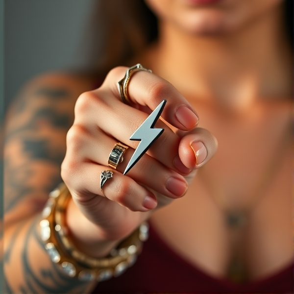 Une main de femme avec des tatouages dessus et avec des bracelets et des bagues qui tient un logo d’éclair comme si c’était un stylo