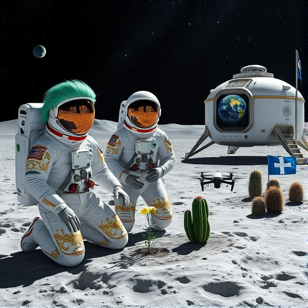 Trois astronautes, un humain et deux extraterrestres, prennent la pose sur la surface lunaire. L'extraterrestre à gauche arbore une chevelure vert émeraude luxuriante qui flotte derrière son casque d'astronaute transparent. Les trois portent des combinaisons spatiales blanches ornées de motifs dorés complexes, embellies par des incrustations perlées et des détails chromés scintillants. Sur leurs combinaisons se détachent des écussons symboliques de leurs missions diverses. Ils s'agenouillent sur le sol lunaire poudreux qui étincelle sous le reflet de leur équipement. Près d'eux, une créature extraterrestre amicale avec une peau iridescente projette un kaléidoscope de couleurs spatiales. Dans un biodôme construit à partir du sol lunaire modifié, un astronaute plante avec soin des graines de pavot dans un jardin hydroponique avancé, baigné d'une lumière simulant le spectre solaire pour la photosynthèse terrienne. Les visières miroitantes des casques captent fidèlement le paysage lunaire alors que les gants high-tech assistent la manipulation précise d'instruments scientifiques spécifiques. En arrière-plan, on aperçoit un module lunaire élégant avec le symbole du Québec gravé dessus, offrant dans sa fenêtre une vue sur la Terre aux couleurs vibrantes. Des équipements scientifiques modernes tels que des capteurs environnementaux et moniteurs intelligents pour plantes sont dispersés autour de panneaux solaires disposés stratégiquement pour une efficacité optimale en énergie. Un fanion du Manchester City Football Club ajoute une note sportive près du module résidentiel, soulignant ainsi l'alliance entre sport et exploration spatiale. Le terrain est sculpté par des cratères profonds et des monticules poussiéreux contrastant fortement avec ces installations humaines futuristes en milieu extraterrestre. Une douce lumière diffuse illumine la scène sous un ciel nocturne parsemé d'étoiles brillantes qui se fond en dégradés du noir absolu au bleu outremer vibrant. À côté du biodôme flotte le drapeau acadien tandis qu'un vaisseau spatial extraterrestre avancé est stationné non loin là-bas; divers êtres cosmiques pacifiques sont rassemblés autour accompagnés par un drone de pointe proche du fameux fanion québécois. Des cactus lunaires introduisent une biodiversité fascinante à cette colonie intergalactique chaleureuse