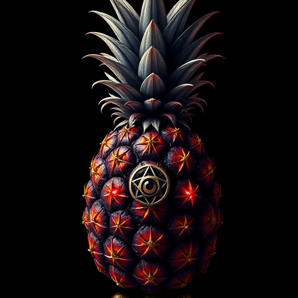 Conception d'un logo somptueux avec un ananas au style gothique, orné de motifs victoriens détaillés et de symboles ésotériques comme le pentacle et l'œil d'Horus. Les couleurs du fruit varient subtilement entre l'orange, le jaune et le rose, tandis que sa texture rappelle du cuir noir de luxe. L'ananas affiche des épines finement ouvragées et des yeux rougeoyants incrustés qui projettent une aura mystérieuse et légèrement menaçante. Le design combine élégance victorienne et touches occultes pour attirer un public averti, avec une préférence pour les nuances plus colorées.
