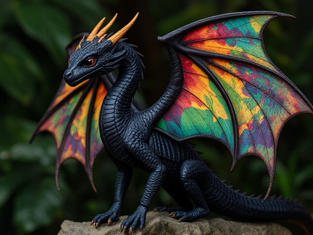 Beautiful dragon black body, tropical colorful wings, feminine