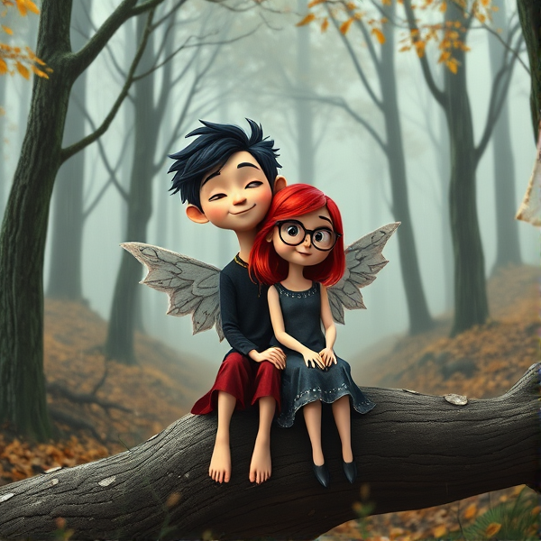 Black haired Caucasian male cartoon angel and red haired Caucasian female cartoon angel wearing glasses, sit on a log together in a rainy foggy Autumn forest in the style of Coraline