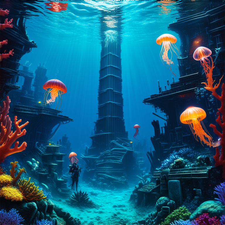 A surreal underwater city with bioluminescent skyscrapers made of coral, glowing jellyfish floating around, and sea creatures with intricate mechanical parts, steampunk divers exploring the depths, vivid colors illuminating the scene