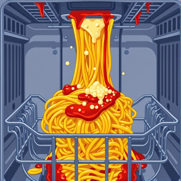 Spaghetti in the dishwasher with sauce and cheese